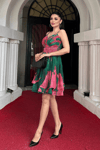 Organze Sifon Kumaş Desenli Mini Elbise - YEŞİL