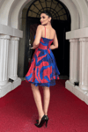 Organze Sifon Kumaş Desenli Mini Elbise - SAKS MAVİ