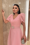 Organze Şifon Kumaş Kısa Kol Midi Boy Elbise - PEMBE
