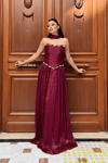 Organze Şifon Kumaş Taş Detaylı Abiye Elbise - BORDO