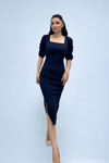 Knitted Crepe Fabric Square Collar Slit Dress - NAVY BLUE