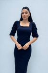 Knitted Crepe Fabric Square Collar Slit Dress - NAVY BLUE