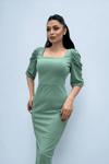 Örme Krep Kumaş Kare Yaka Yırtmaçlı Elbise - MİNT YEŞİLİ