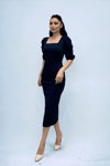 Knitted Crepe Fabric Square Collar Slit Dress - NAVY BLUE