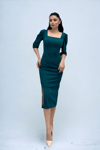 Knitted Crepe Fabric Square Collar Slit Dress - EMERALD GREEN