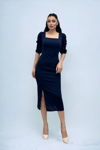 Knitted Crepe Fabric Square Collar Slit Dress - NAVY BLUE