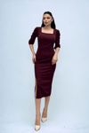 Knitted Crepe Fabric Square Collar Slit Dress - BURGUNDY