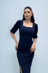 Knitted Crepe Fabric Square Collar Slit Dress - NAVY BLUE