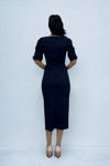 Knitted Crepe Fabric Square Collar Slit Dress - NAVY BLUE