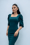 Knitted Crepe Fabric Square Collar Slit Dress - EMERALD GREEN