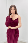 Örme Krep Kumaş Tüy Detaylı Abiye Elbise - BORDO