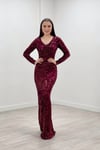 Payet Kumaş Beli Saten Kuşak Abiye Elbise - BORDO