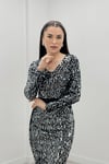 Payet Kumaş Beli Saten Kuşak Abiye Elbise - GÜMÜŞ