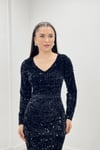 Payet Kumaş Beli Saten Kuşak Abiye Elbise - SİYAH