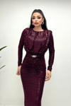 Sequined Fabric Shir Detailed Fishtail Dress - BURGUNDY
