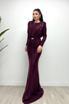 Sequined Fabric Shir Detailed Fishtail Dress - BURGUNDY