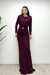Sequined Fabric Shir Detailed Fishtail Dress - BURGUNDY