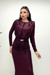 Sequined Fabric Shir Detailed Fishtail Dress - BURGUNDY