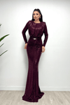 Sequined Fabric Shir Detailed Fishtail Dress - BURGUNDY