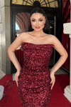Payet Kumaş Drape Detaylı Abiye Elbise - BORDO