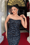 Payet Kumaş Drape Detaylı Abiye Elbise - LACİVERT