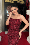 Payet Kumaş Drape Detaylı Abiye Elbise - BORDO