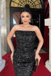 Payet Kumaş Drape Detaylı Abiye Elbise - SİYAH