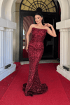 Payet Kumaş Drape Detaylı Abiye Elbise - BORDO
