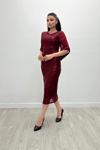Payet Kumaş Kolları Şifon Kalem Elbise - BORDO