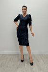 Sequin Fabric V-Neck Dress  - Navy Blue