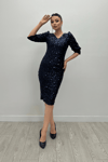 Sequin Fabric V-Neck Dress  - Navy Blue