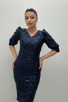 Sequin Fabric V-Neck Dress  - Navy Blue