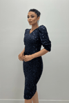 Sequin Fabric V-Neck Dress  - Navy Blue