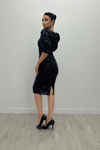 Sequin Fabric V-Neck Dress  - Navy Blue