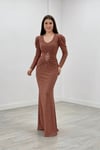Pırıltılı Kumaş Boncuk Büzgü Detaylı Balık Elbise - BRONZ