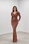 Pırıltılı Kumaş Boncuk Büzgü Detaylı Balık Elbise - BRONZ