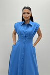 Poplin Kumaş Düğme Detaylı Elbise - İNDİGO MAVİ