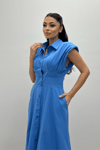 Poplin Kumaş Düğme Detaylı Elbise - İNDİGO MAVİ