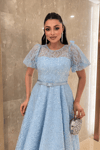 Pul Payet Kumaş Balon Kol Midi Elbise - BEBE MAVİSİ