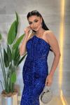 Pul Payet Kumaş Boncuklu Straplez Elbise - SAKS MAVİ