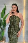 Pul Payet Kumaş Boncuklu Straplez Elbise - HAKİ YEŞİLİ