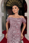 Pul Payet Kumaş Degaje Yaka Abiye Elbise - PEMBE