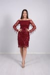 Pul Saçaklı Beli Lastikli Elbise - Bordo
