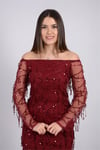 Pul Saçaklı Beli Lastikli Elbise - Bordo