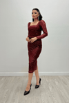 Pullu Payet Kumaş Kare Yaka Kalem Elbise - BORDO