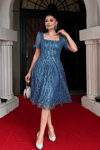Pullu Simli Kumaş Kare Yaka Mini Elbise - İNDİGO MAVİ