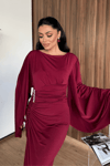 Sandy Kumaş Büzgü Detaylı Elbise - BORDO