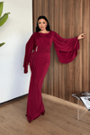 Sandy Kumaş Büzgü Detaylı Elbise - BORDO