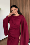 Sandy Kumaş Büzgü Detaylı Elbise - BORDO