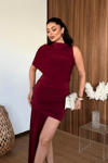 Sandy Kumaş Büzgü Detaylı Elbise - BORDO